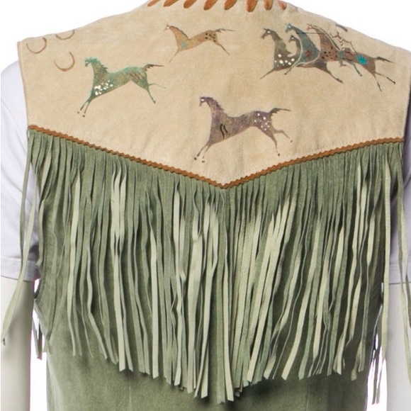 Patricia wolf hand painted leather fringe vest native american Indian ponies M - Picture 5 of 7